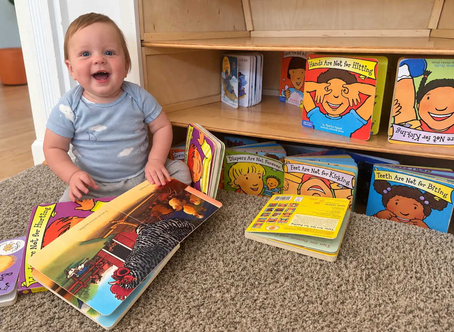 Bebé sonriente explorando libros at Santa's Little Cloud