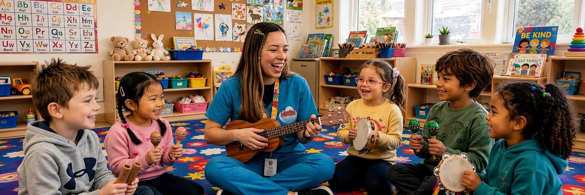 Maestra dirigiendo una actividad musical con niños at Santa's Little Cloud