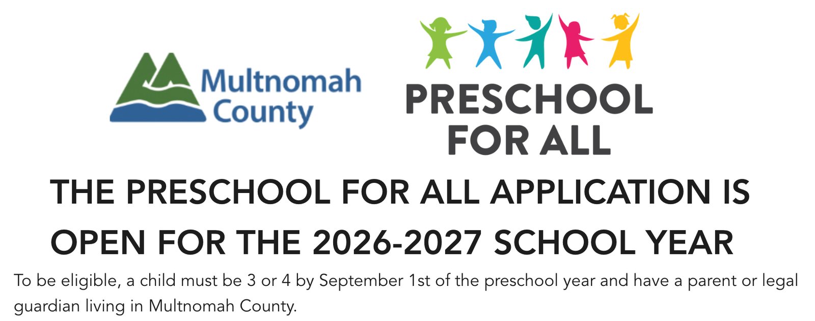 Multnomah County Preschool for All applications for the 2026–2027 school year
